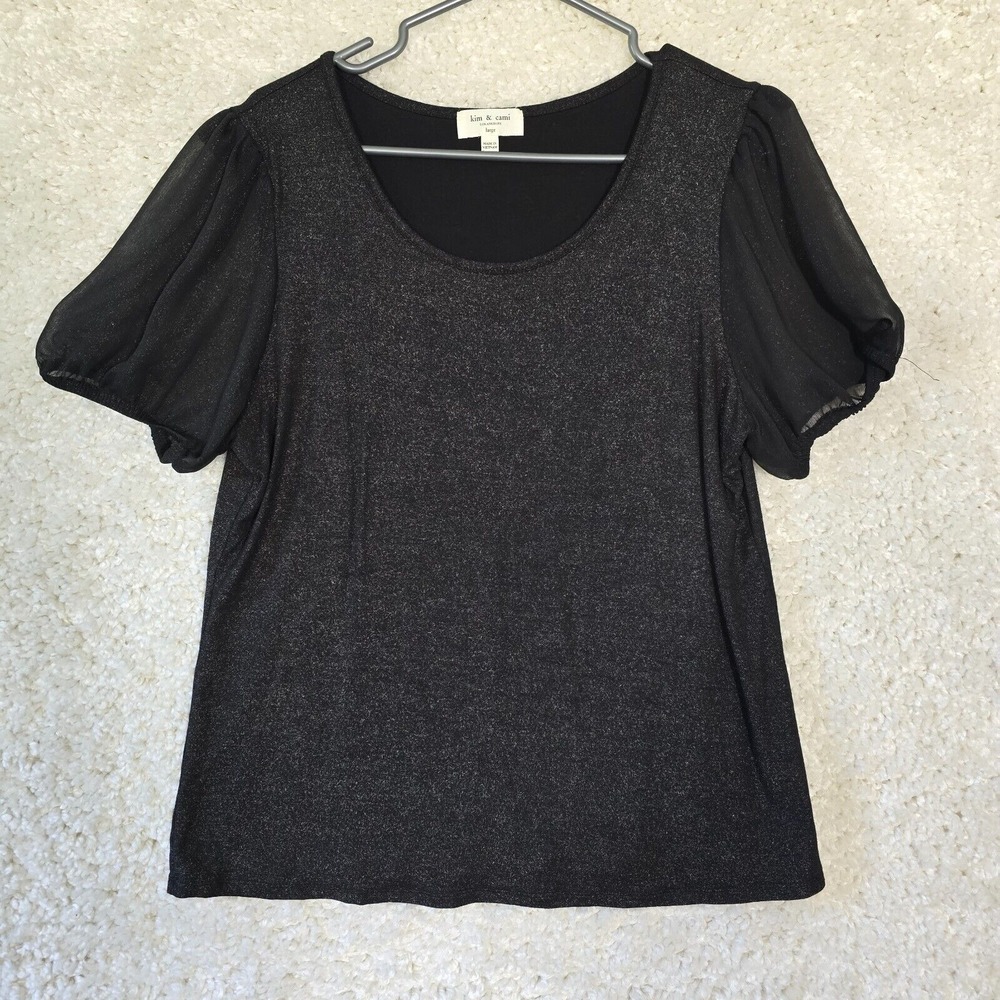 Kim & Cami Shimmer Puff Sleeve Top Women Large Black Silver Glitter Glam Party